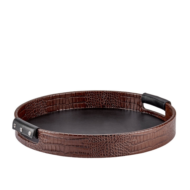 Graphic Image Round Leather Bar Tray, Brown Embossed Croc Leather, Brown