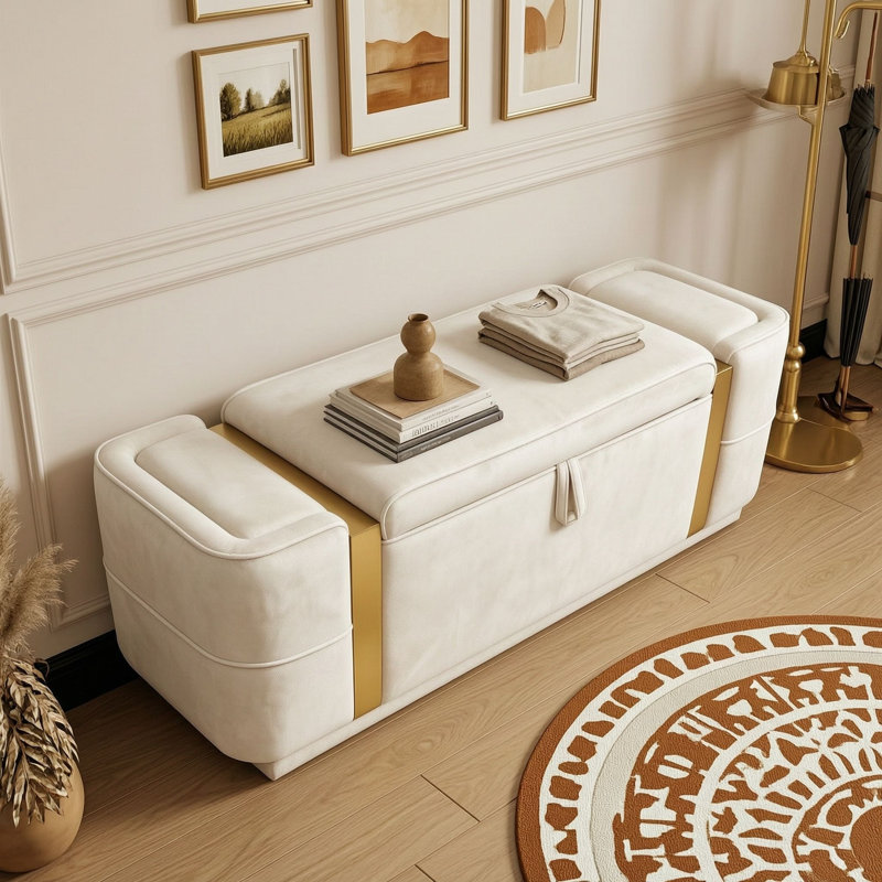 Banc ottoman de rangement rembourré avec compartiment caché avec couvercle relevable et accents métalliques dorés, Beige