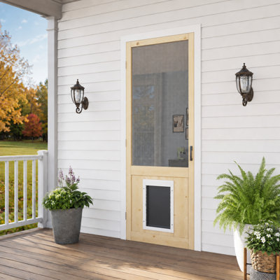32"x 80" H Pine Wood Exterior Screen Door (Paintable), Insect-Resistant, Kid- and Pet-Friendly, Includes Screen Door Handle