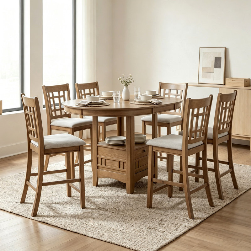 Ensemble de salle à manger à hauteur de comptoir 7pc Table ronde ovale extensible et chaises, 7