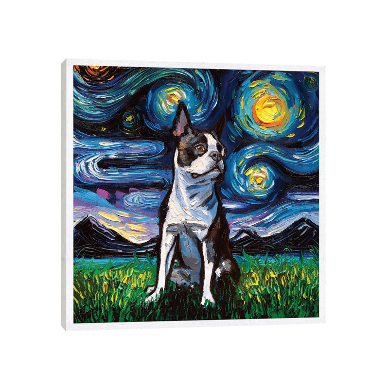 Boston Terrier Night II by Aja Trier - Painting on Canvas, White Framed Canvas, 66.04 cm H x 66.04 cm W