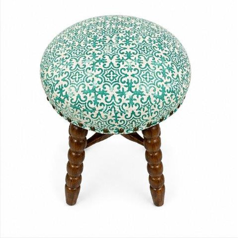 Tabouret de bar rembourré avec structure en bois d'acacia massif, Green Damask, Short Stool (18” Seat Height)