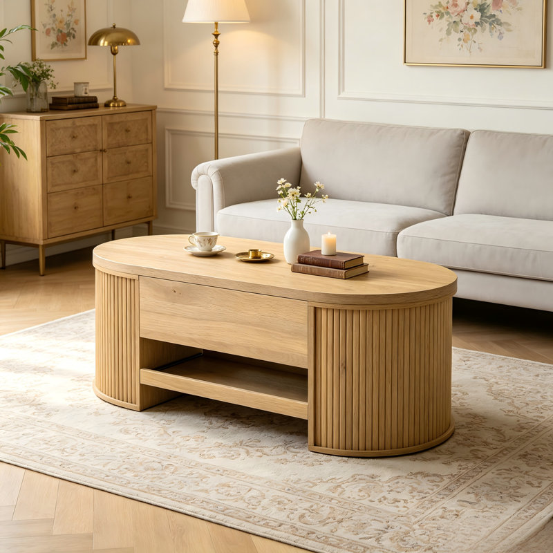 Fluted Oval Lift Top Coffee Table Extendable Lower Shelf Living Room Center Table, Light Oak