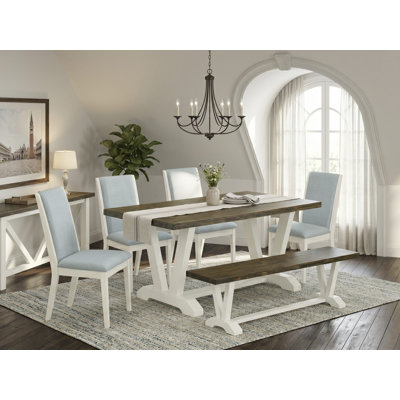 6-Piece Modern Table Set Contains a Distressed Jacobean Kitchen Table and a Dining Bench and 4 Baby Blue Linen Fabric Upholstered Chairs with High Back - Wire Brushed Linen White