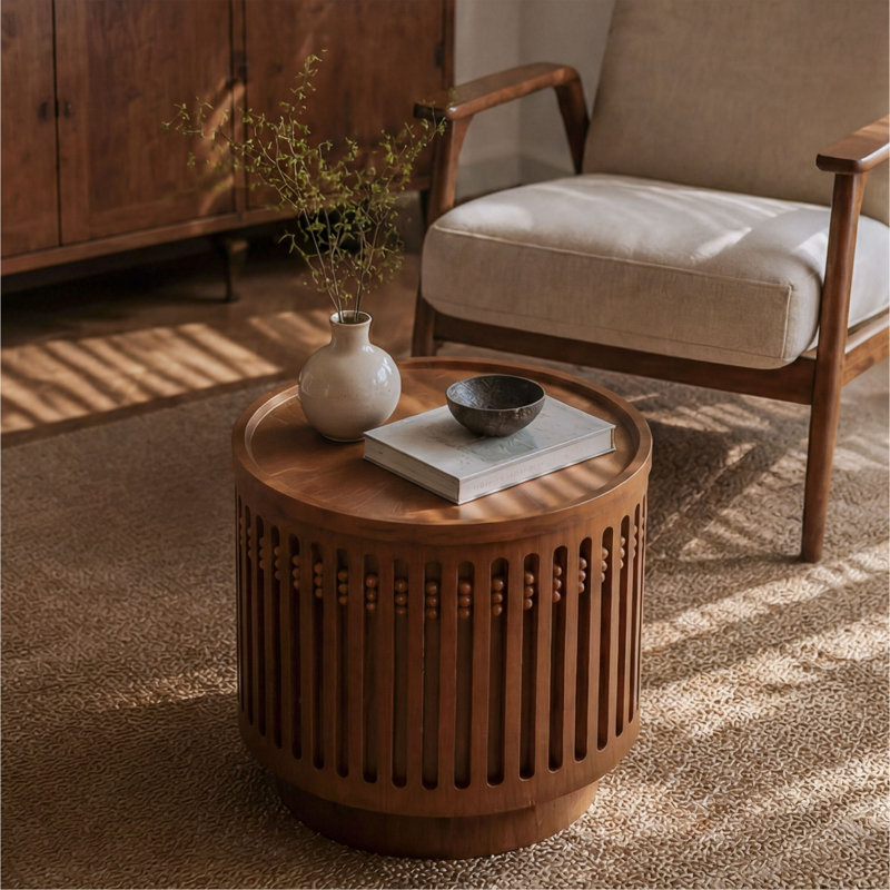 18.9" Round Wooden Side Table, Cylinder Lattice Design End Table,Coffee Table with Grille Solid Wood Effect, Boho Accent Table with Hidden Storage Option,for Living Room,Bedroom