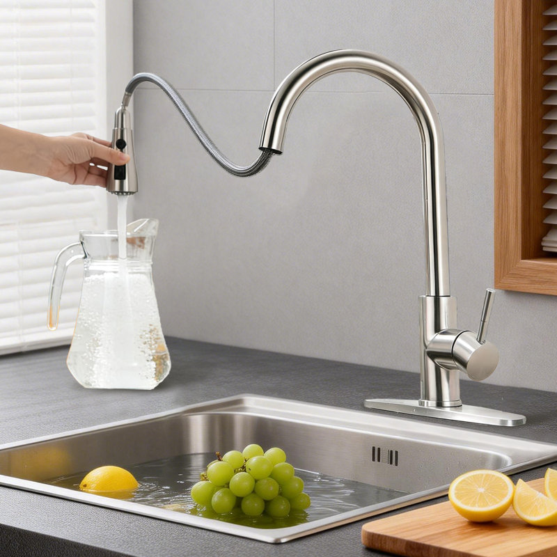 Modern Single Handle Kitchen Faucet with Pull Down Sprayer, Brushed Nickel