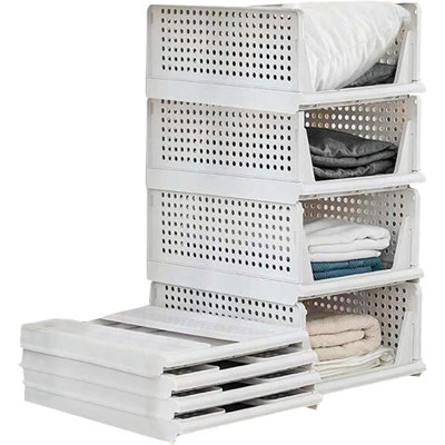 4-Pack Folding Wardrobe Storage Box Plastic Drawer Organizer Stackable Shelf Baskets Cloth Closet Container Bin Cube Home Office Bedroom Laundry Drawer Dividers For Clothes Toy Organization