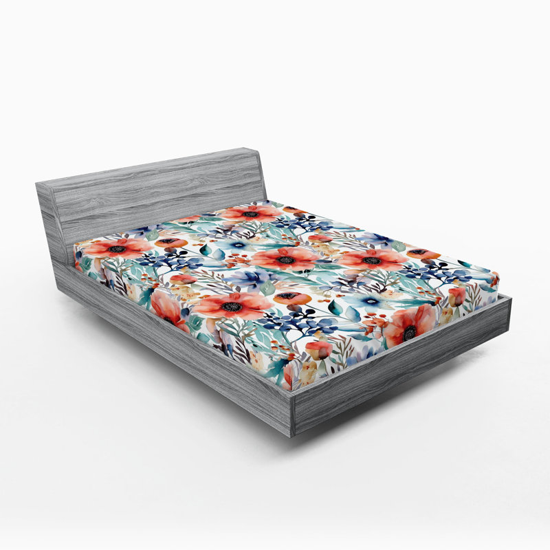 Drap-housse rustique Ambesonne, Drap-housse de taille très grand, Corail foncé, bleu ciel / floral 1