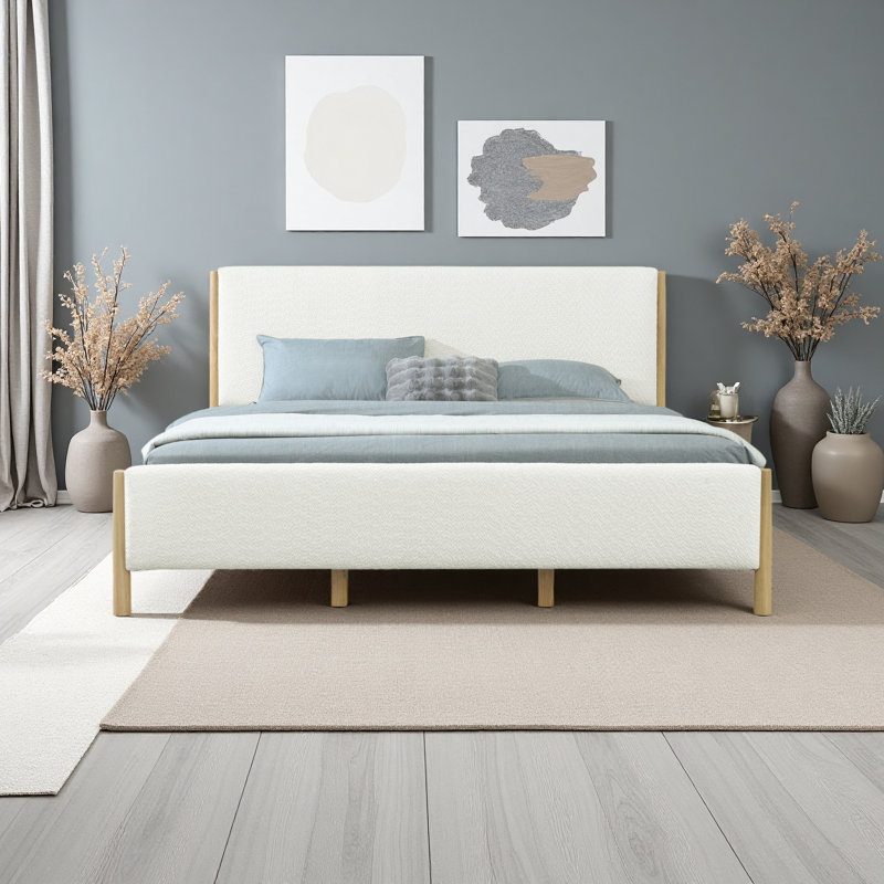 Lit capitonné moderne blanc avec pieds en bois d'hévéa, Très grand lit