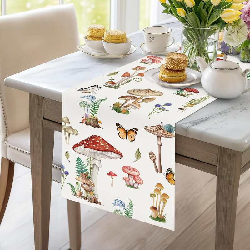 Mushroom & Wildflower Table Runner – Multicolor – Spring & Summer Botanical Design With Butterflies And Green Leaves For Indoor And Outdoor Dining