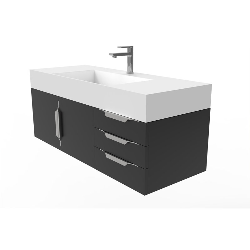 Meuble-lavabo mural simple 48 po avec comptoir à surface solide 48 po, Blanc, Noir, Nickel brossé