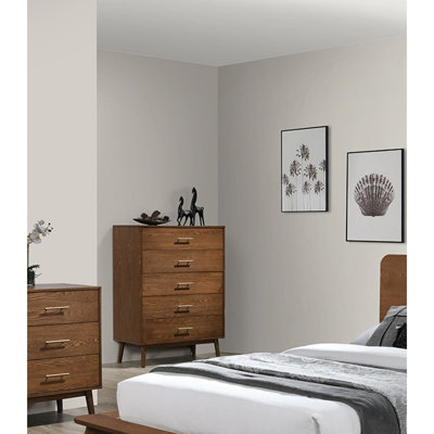 Walnut 1pc Chest of Drawers Solid wood Nickle Bar Pulls 5-Drawers Storage Round Tapered Legs Bedroom Modern Style