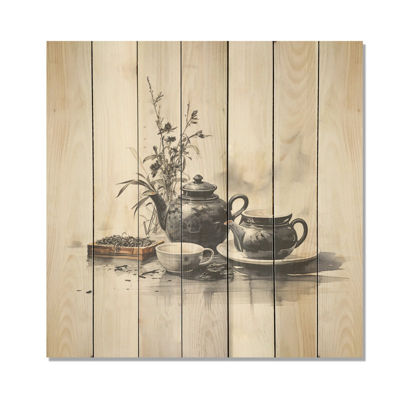 Black And White Boho Tea Set Potteries I - Boho Pottery On Wood Print, 30" H x 30" W