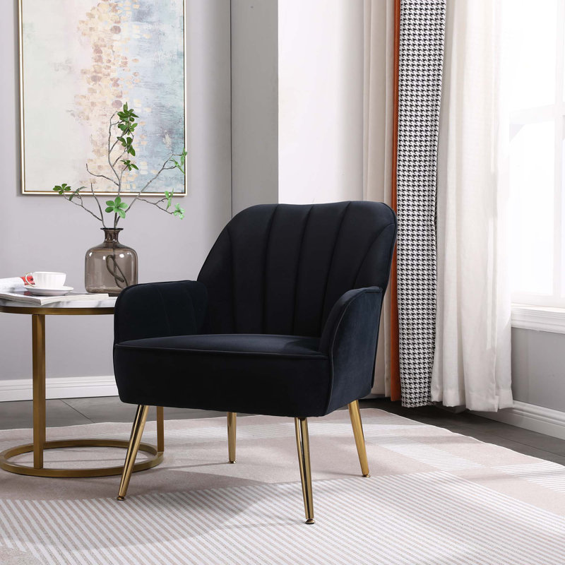 Fauteuil de style Mid-Century moderne pour le salon, la chambre à coucher, le bureau, l'assemblage facile, Velours noir, Doré