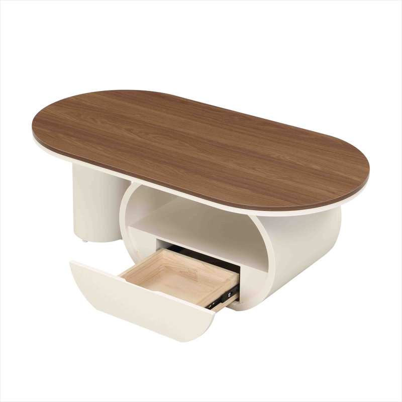 Table basse ovale brune antique avec tiroir de rangement et tablette, structure en métal blanc doux, 47,24 pouces
