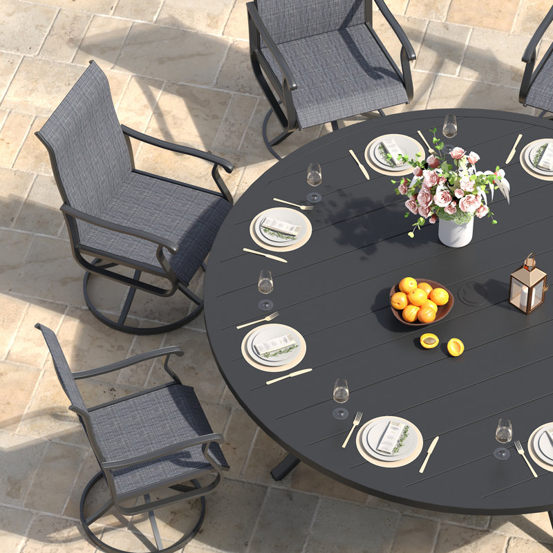 Orlando 8-Person Patio Dining Set with 63" Round Dining Table and 8 Swivel PVC-coated polyester Chairs, Black/Black
