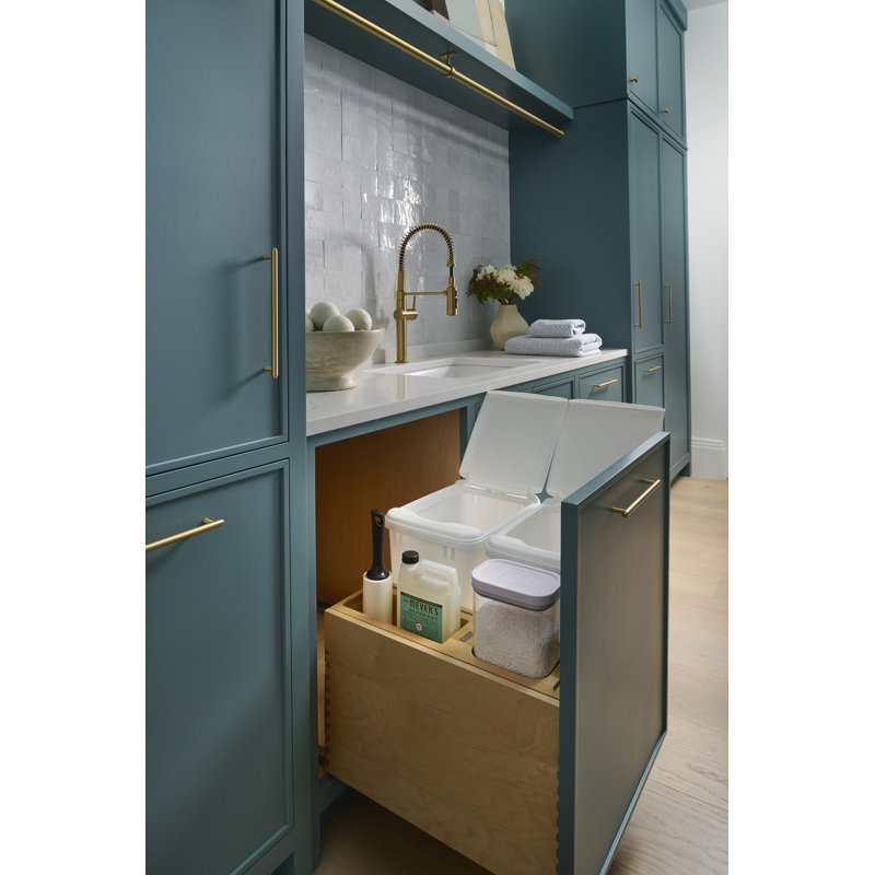 Poubelle escamotable en bois avec rangement OXO et fermeture en douceur