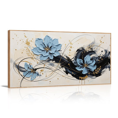 Tableau abstrait sur toile noire avec des fleurs bleues et des éclaboussures dorées