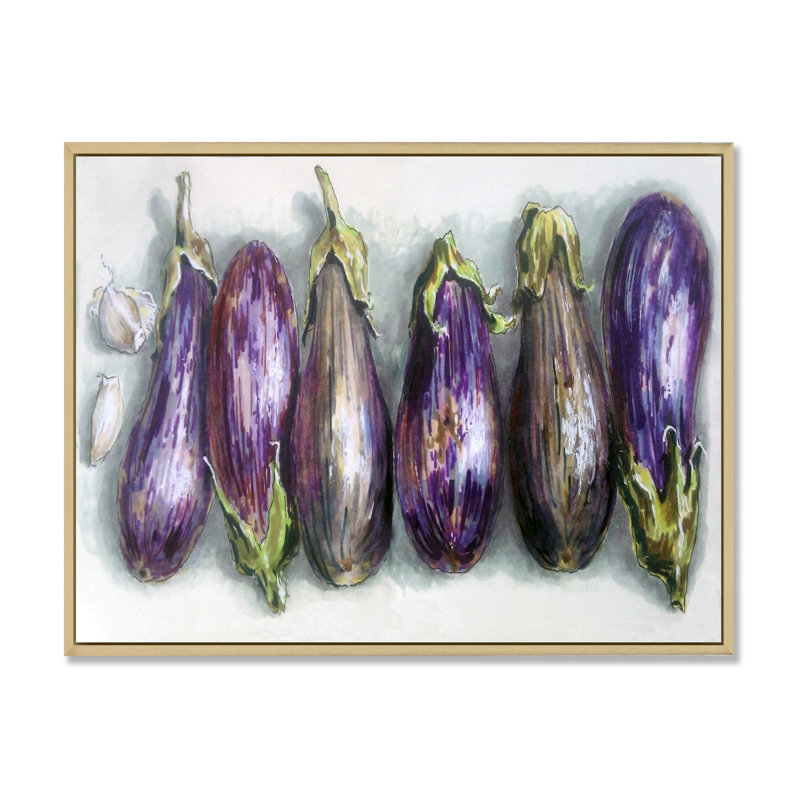 «Eggplants Kitchen Art», reproduction sur toile flottante, H 16 po x l 32 po x P 1 po, Cadre flottant brun