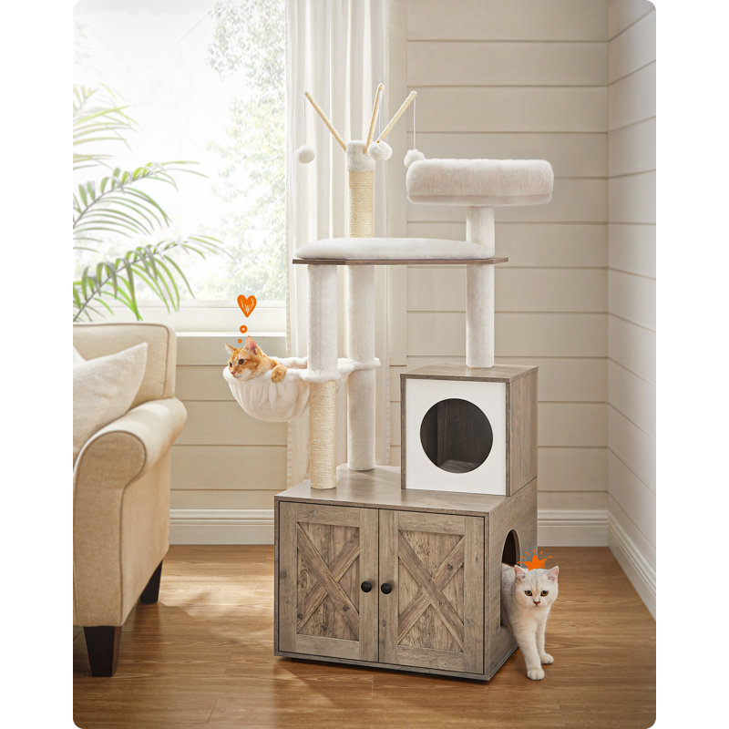 Greige 55.1" Cat Tree with Sisal Scratching Posts and Litter Box Enclosure