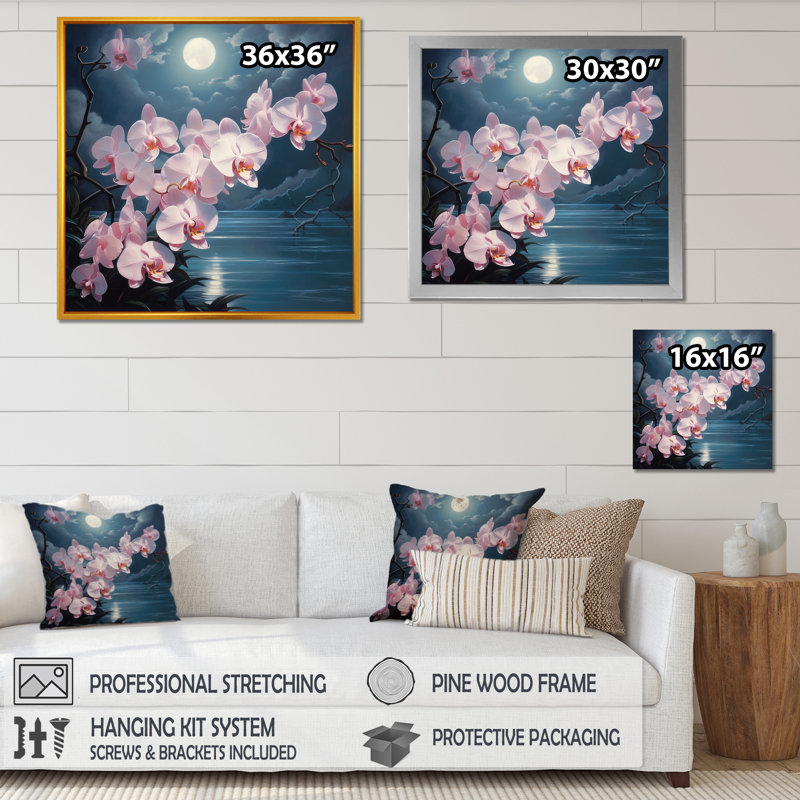 Orchidées au clair de lune, H 30 po x l 30 po x P 1 po, Cadre simple blanc