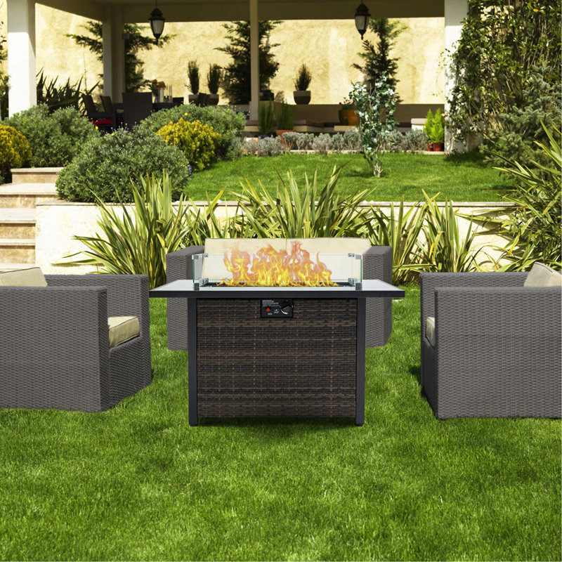 Outdoor Fire Pit 50,000 BTU Propane Gas Fire Table With Lid Fireplace With Glass Wind Guard Wicker Base For Garden, Patio, Backyard, 44"