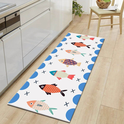 Tapis en jute tissé à la machine en blanc / bleu / orange