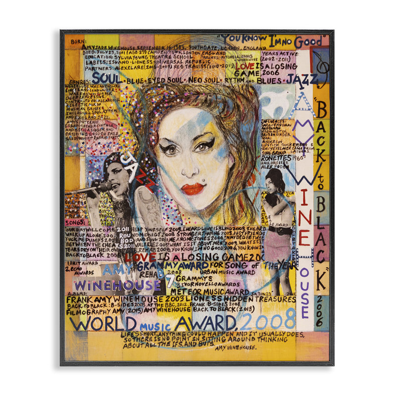 Amy Winehouse, collage, estampe numérique par Sabin, Giclée encadrée noir minuit, H 30 po x l 24 po