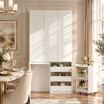Modular Pantry Cabinet with Rolling Snack Cart, Drawers and Concealed Storage
