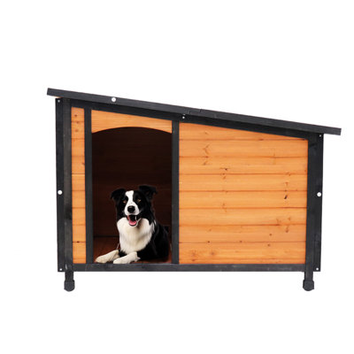 Outdoor & Indoor 46" Wooden Dog Kennel For Large Dogs - Weather With Roof And Raised Feet  Matte Black Gold Red House