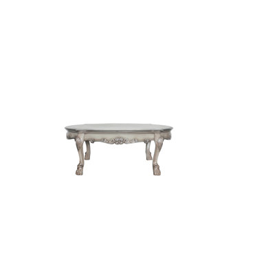 Bone White Coffee Table - Vintage , Wooden Bowed Top & Scalloped Apron, Raised Floral Motifs, Oversized Leg, Finish, No Storage, , Resin, Synthetic Wood Composite