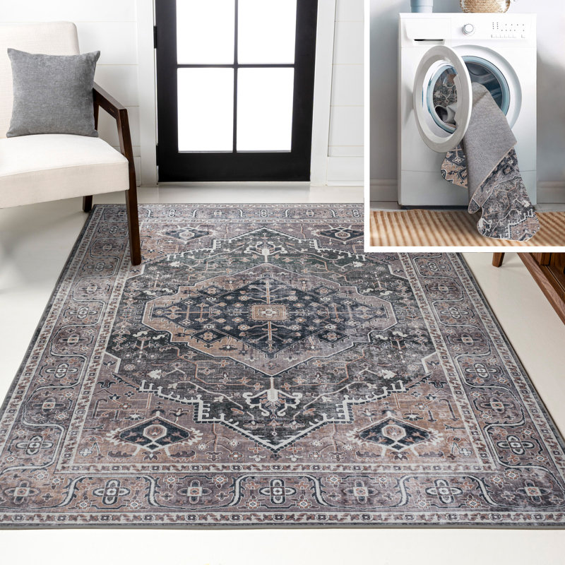 Alacati Ogee Medallion Machine-Washable Dark Green/Dark Beige Rug, Rectangle 7'10" x 10'