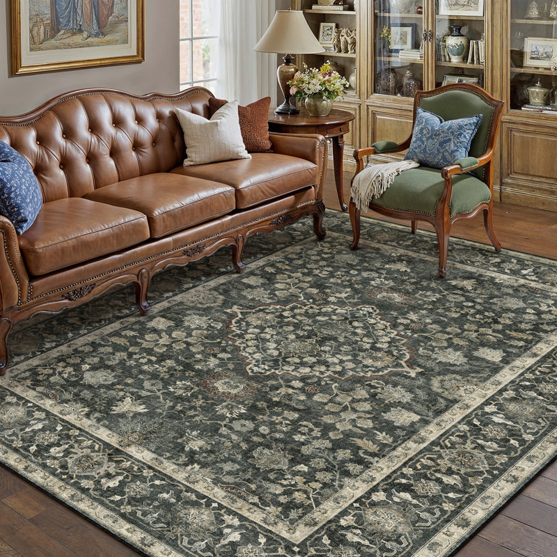 Tapis floral lavable à la machine avec envers antidérapant, Rectangle 6' x 9', Noir