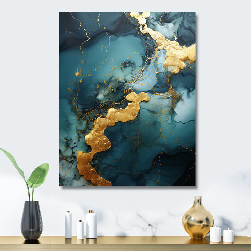 Or et vert motif de marbre abstrait V - décoration murale en marbre, H 20 po x l 12 po x P 1 po