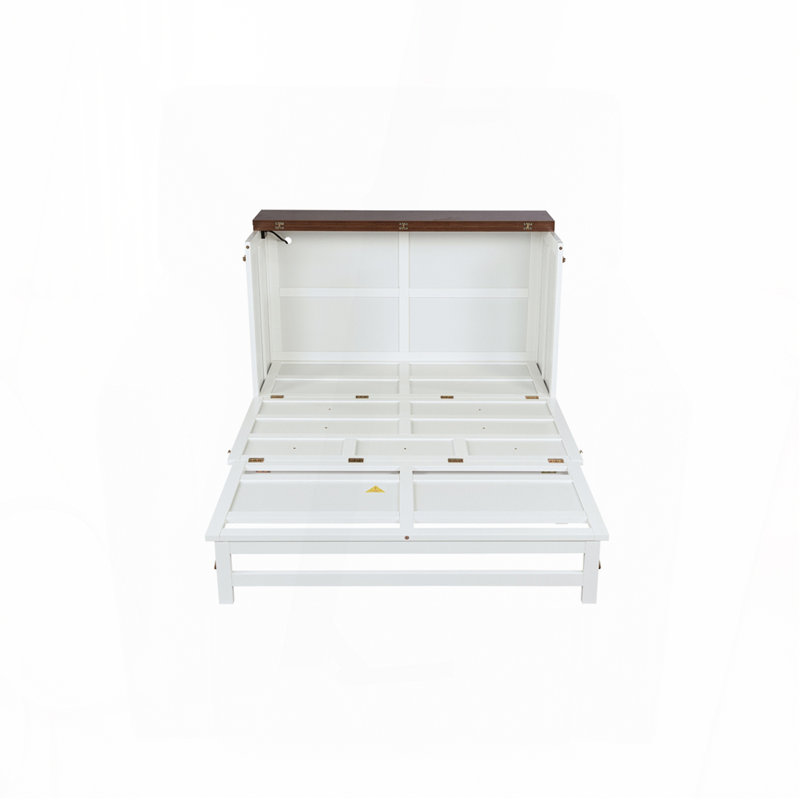 Solid Wood Murphy Bed Cabinet with Charging Station and Storage Drawer, Queen, White/Walnut