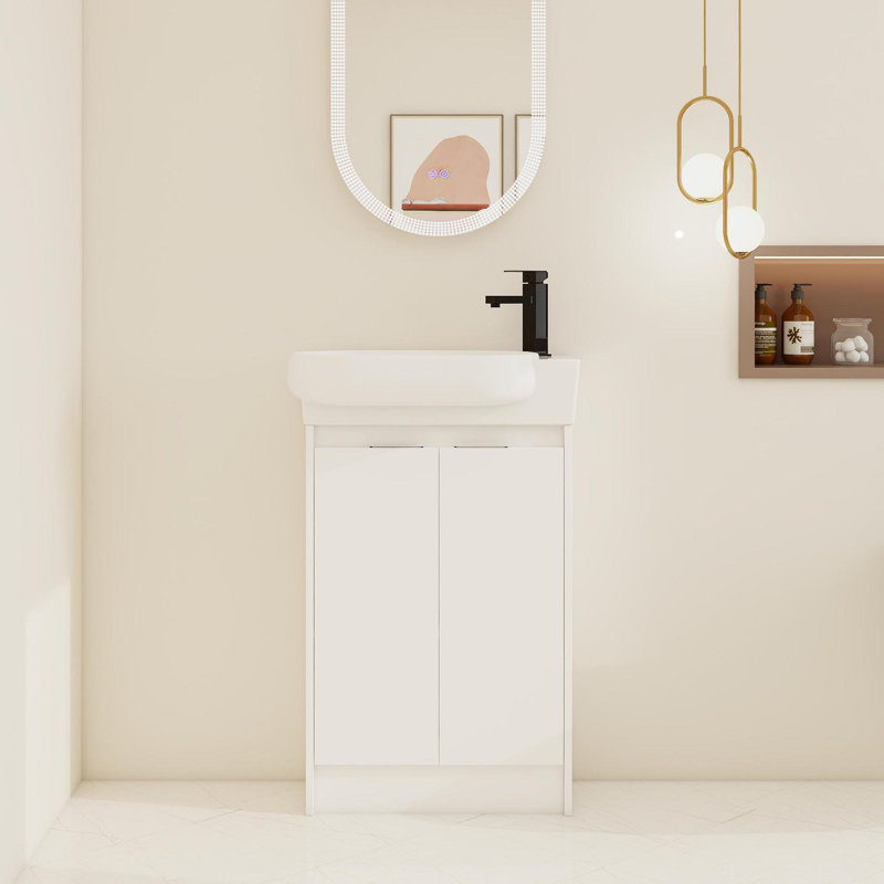 23" Freestanding Single Bathroom Vanity with Ceramic Top，Floor Standing Vanity with 2 Soft Close Doors and 1 Adjustable Shelf
