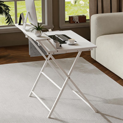 Bureau d'ordinateur pliant sans assemblage 31,5 po - Petit ordinateur portable à 2 niveaux avec tablette et poche latérale - Table pliable peu encombrante pour bureau à domicile, chambre à coucher ou appartement - Blanc