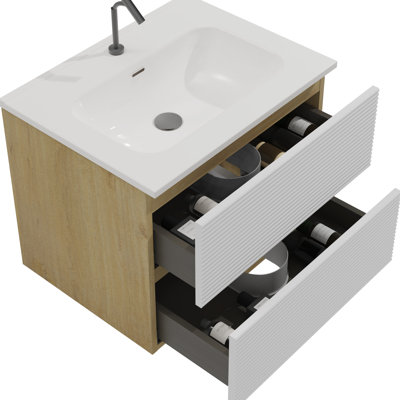 Armoires de salle de bain modernes - blanc neige et chêne naturel, évier intégré en céramique, rangement généreux, évier mural silencieux à fermeture en douceur avec trop-plein, grand
