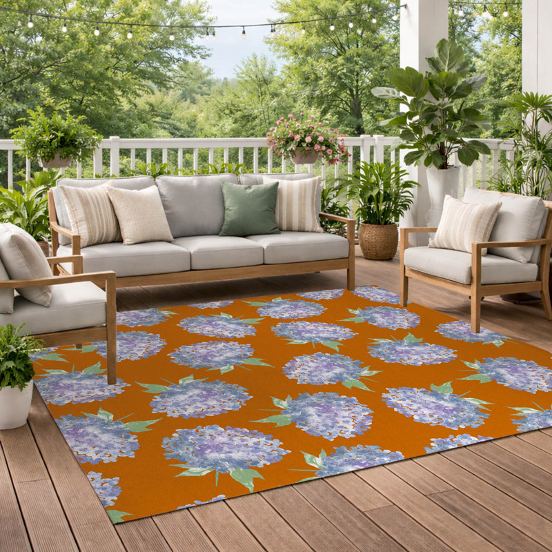 Hydrangea Love Decorative Outdoor Rug, Orange, Rectangle 5' x 7'