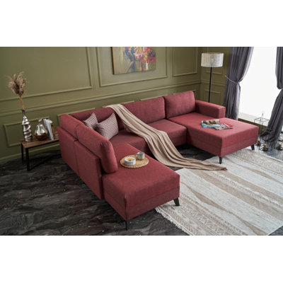 Modern Corner Sofa Bed, Claret Red Fabric (50% Polyester/50% Linen), 118.1 x 30.7 x 79.5 inches | FIR Timber Frame, 28 DNS Foam Cushioning, Easy Clean | Perfect for Stylish Living Rooms & Guest Rooms