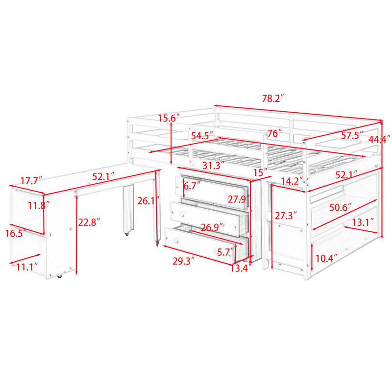 Esperio Kids Full Loft Bed with Drawers, Gray