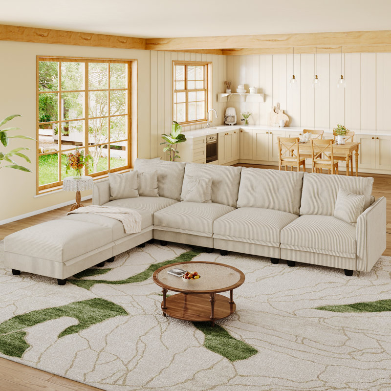 6 Seat Corduroy Convertible Modular Sectional Sofa With Storage, 4 Back Cushion 4 Throw Pillow, Beige Corduroy