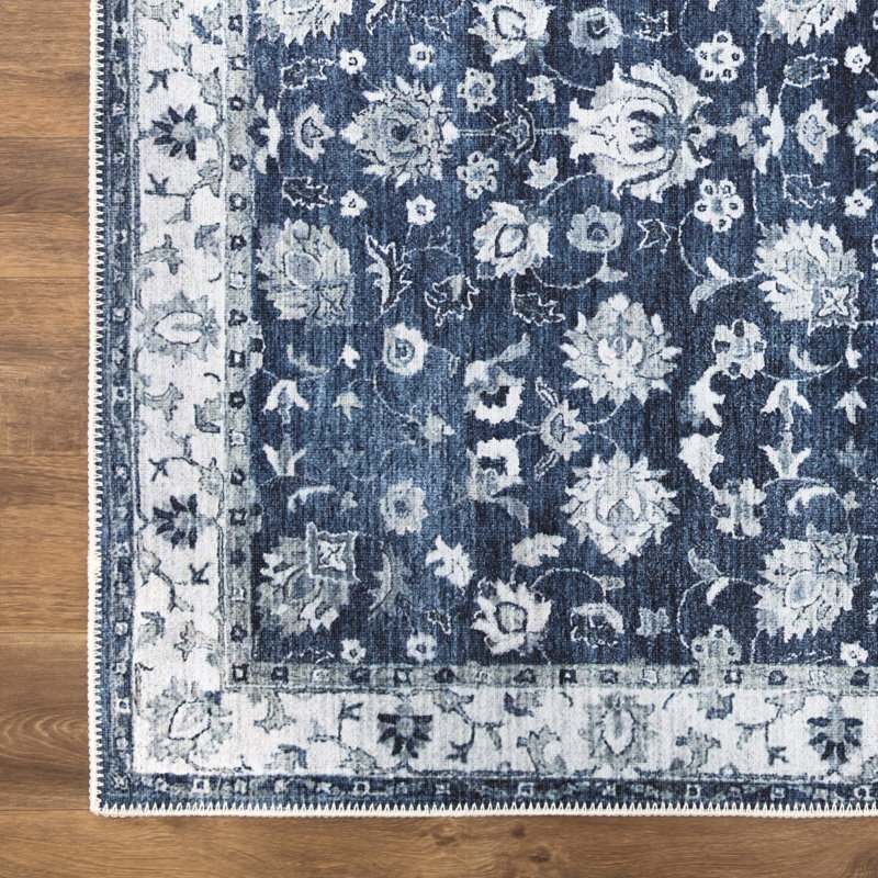  Washable Non-Slip Rug - Dark Blue Traditional Bordered Runner for Entryway, Hallway, Bathroom, and Kitchen