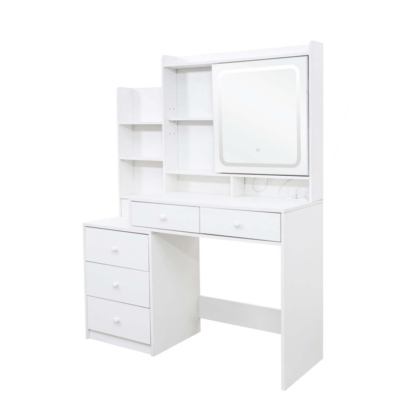 Bureau de maquillage avec miroir et lumières, ensemble de coiffeuse avec 6 tiroirs, miroir coulissant et tablettes de rangement, 3 modes d'éclairage réglables en luminosité, coiffeuse