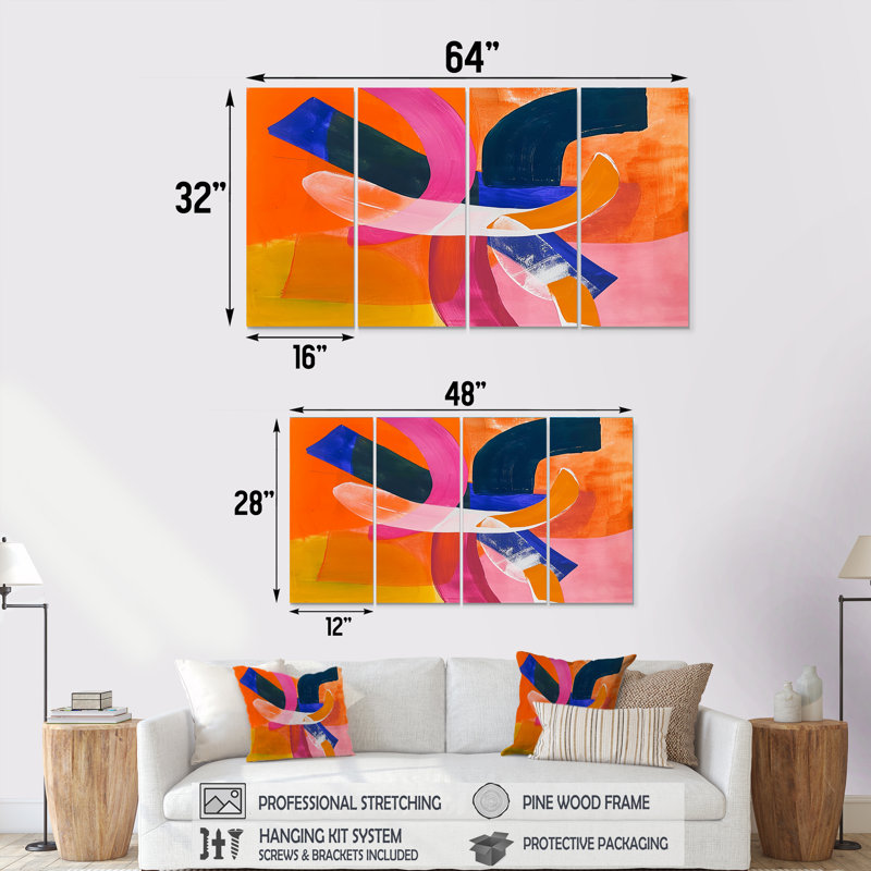 «Funky Fusion Retro Orange Blue» - ensemble d'art mural abstrait 4 pièces, H 28 po x l 48 po