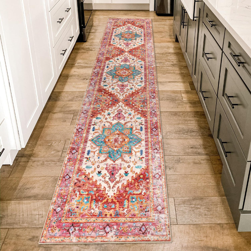  Vintage Hallway Runner Rug, Non-Slip Boho Vintage Washable Kitchen Rug for Bedroom, Kitchen, Laundry, Entrance, Pink