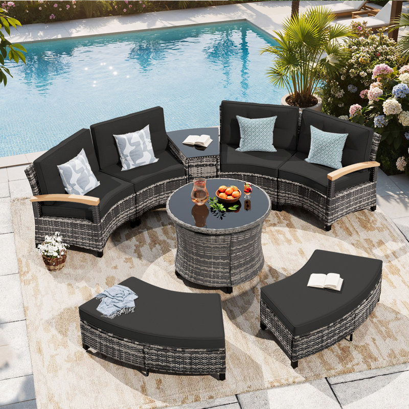 Meissalivve 8-Piece Half-Moon Curved Outdoor Patio Furniture Set, Sectional Conversation Sofa With 2 Half-Moon Ottomans, Round Coffee Tables For Backyard Deck Garden, Black