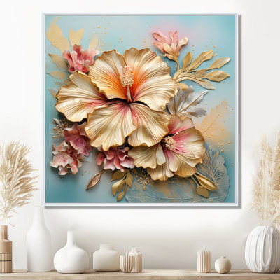 Hibiscus doré fleur tropicale sur bleu rétro - Hibiscus Wall Art Living Room