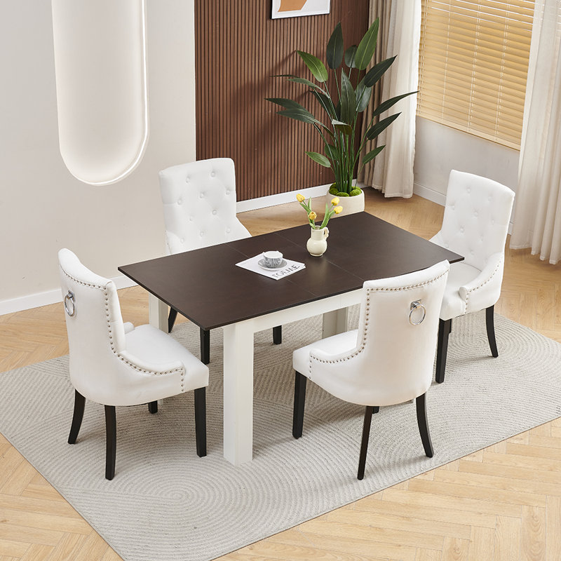 Walnut White 5-Piece Expandable Dining Table Set with 4 Upholstered Chairs, 120-150cm Extendable Table for 4-6 People, Modern Space-Saving Dining Set