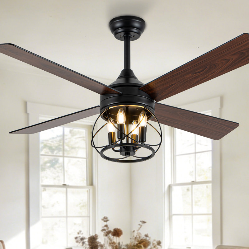  52" Black Farmhouse Caged Ceiling Fan with 4-Light and Remote 6-speed Reversible Quiet DC Motor Modern Fan Light for Living Room